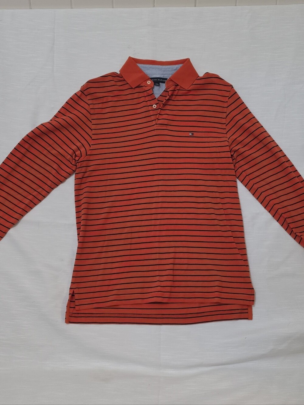 Tommy Hilfiger red with black horizontal striped long sleeve polo shirt in a S